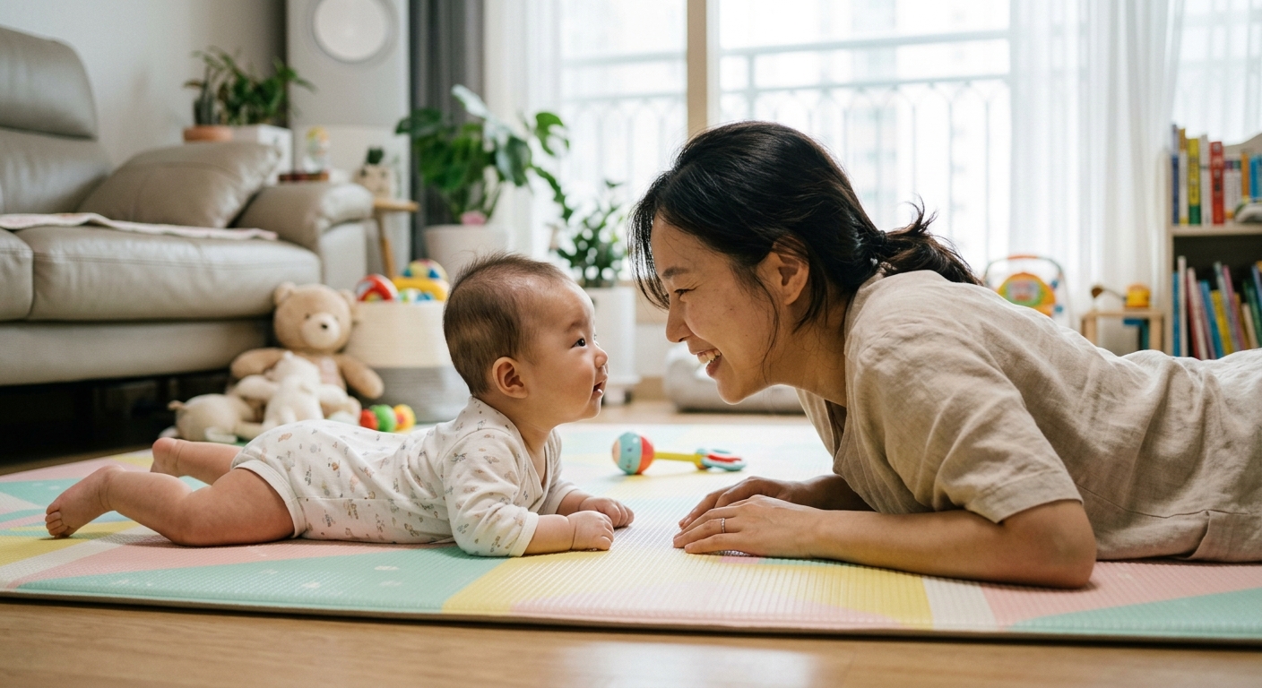 아기와 터미타임을 하는 한국인 엄마