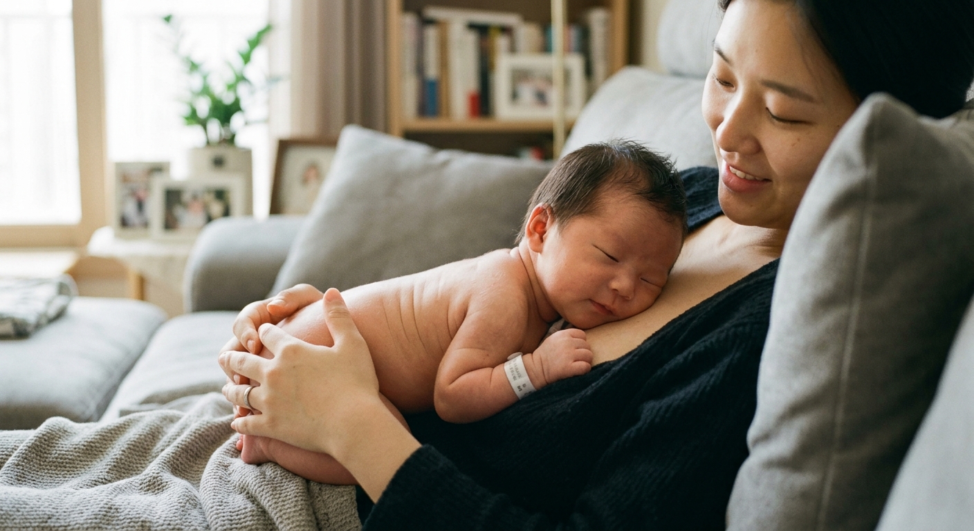 부모 가슴 위에서 터미타임을 하는 신생아