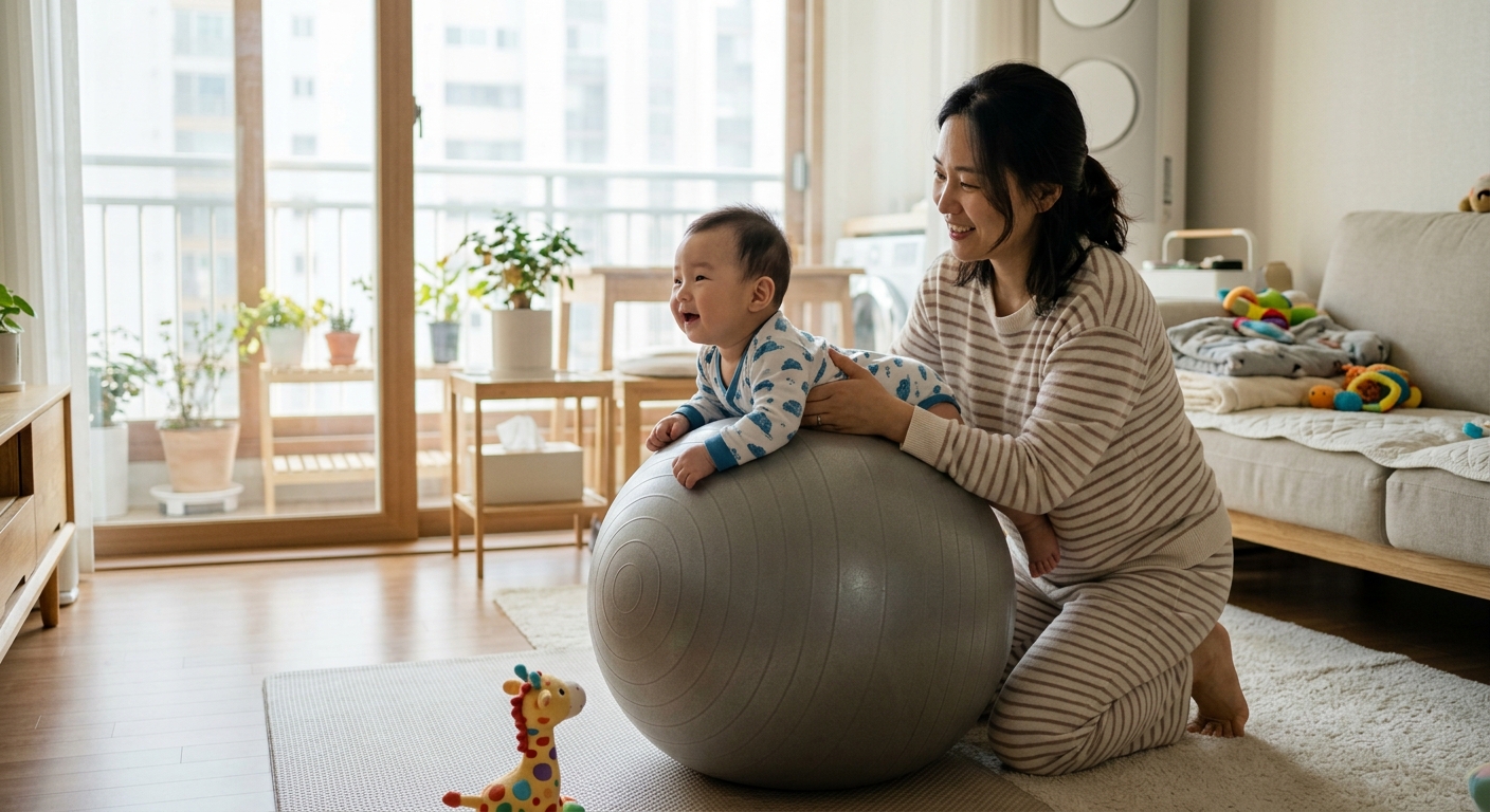 요가볼 위에서 터미타임을 하는 아기와 엄마
