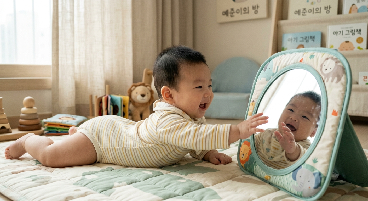 거울을 보며 터미타임을 하는 아기