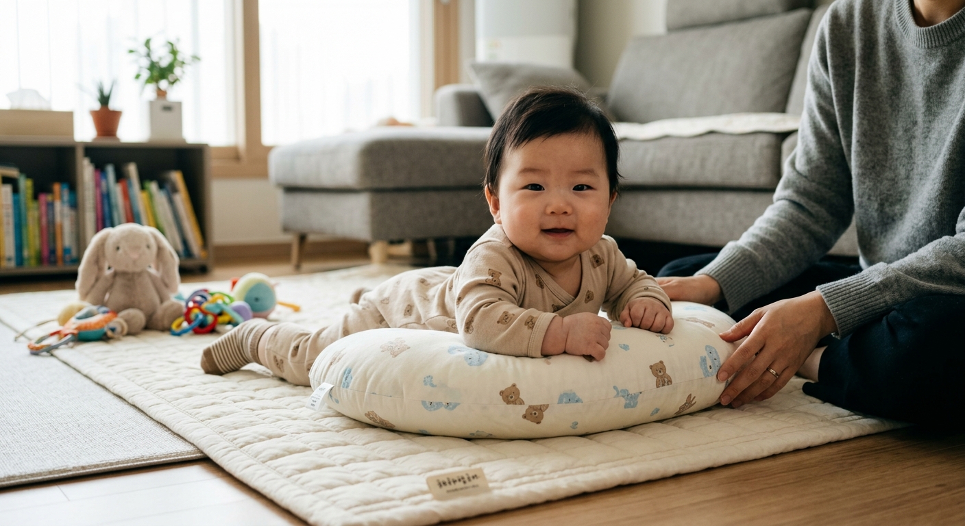 수유 쿠션 위에서 터미타임을 하는 아기