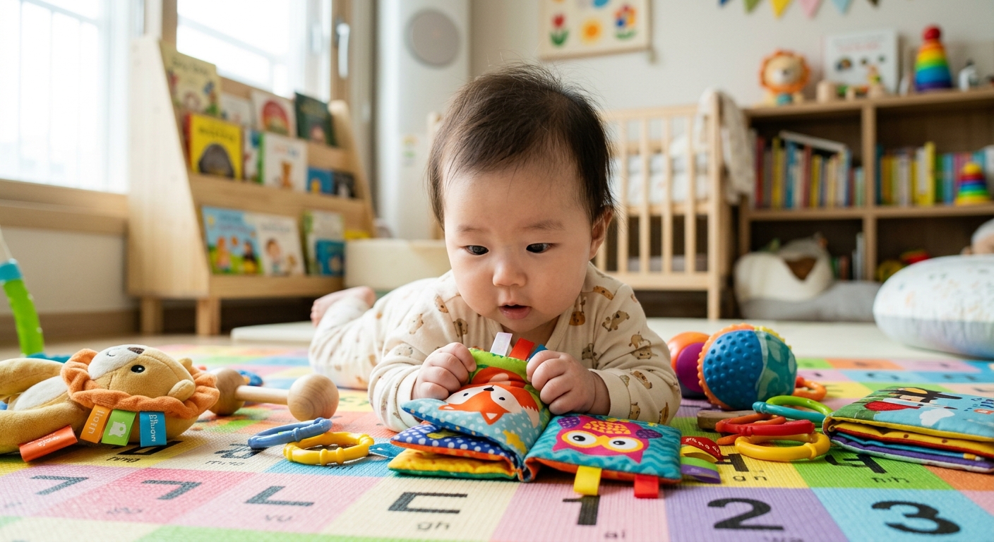 감각 장난감을 탐색하는 아기