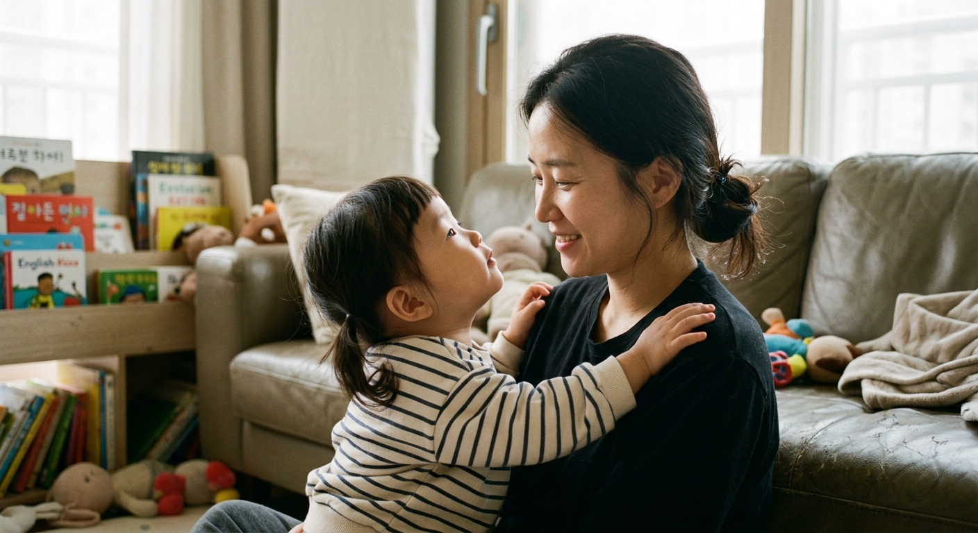 엄마 볼을 보는 아이의 편안한 순간