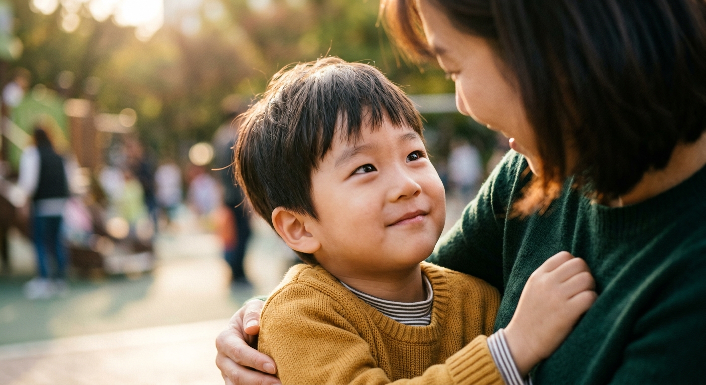 짧게 눈을 마주치는 한국인 아이
