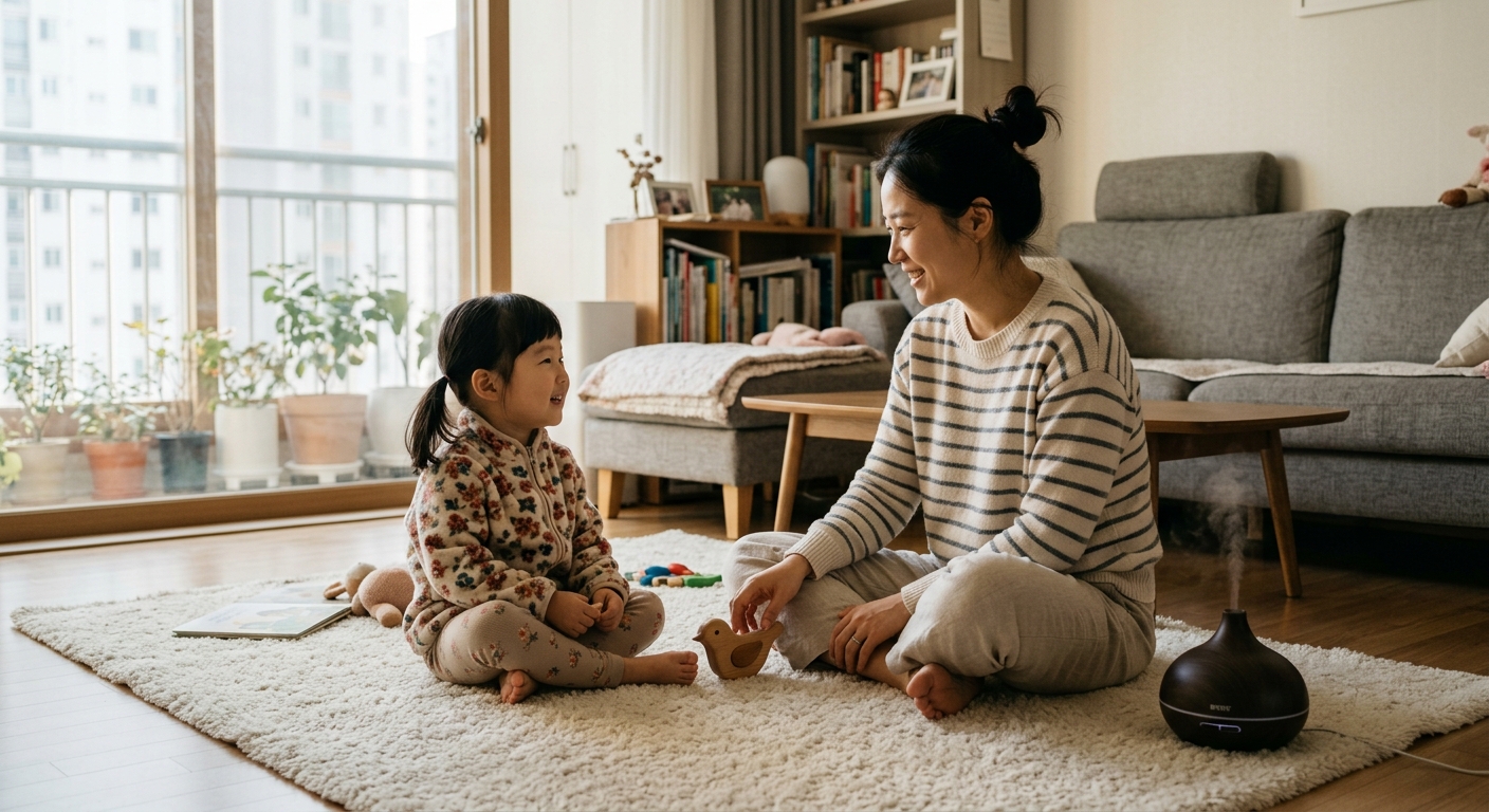눈맞춤 루틴을 하는 한국인 엄마와 아이