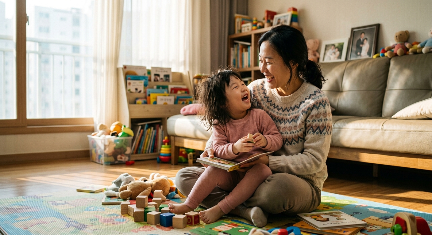 웃으며 눈을 맞추는 한국인 엄마와 아이