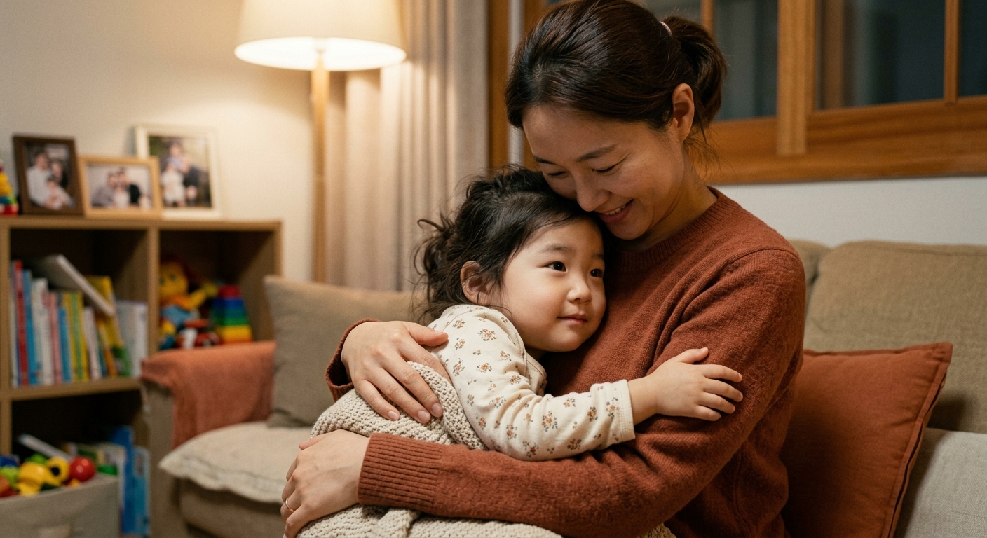부모 품에서 안정된 한국인 아이