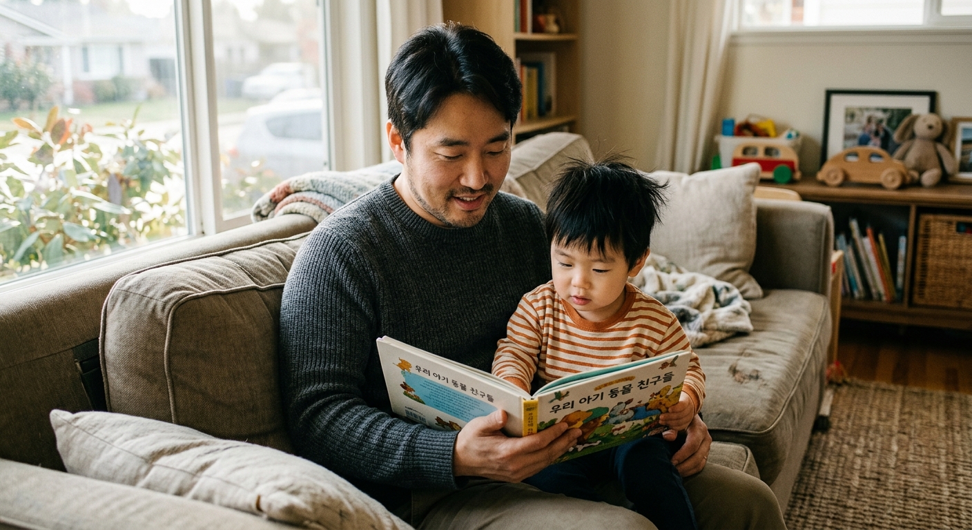 책을 함께 보는 한국인 아빠와 유아