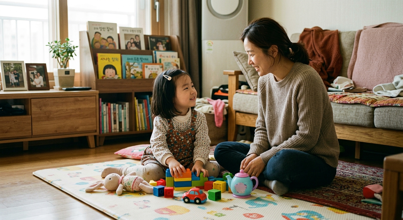 엄마를 바라보며 미소짓는 한국인 아이