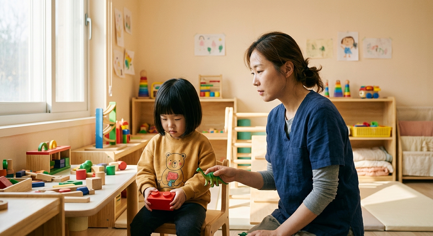 아이 눈높이에서 공간을 공유하는 치료사