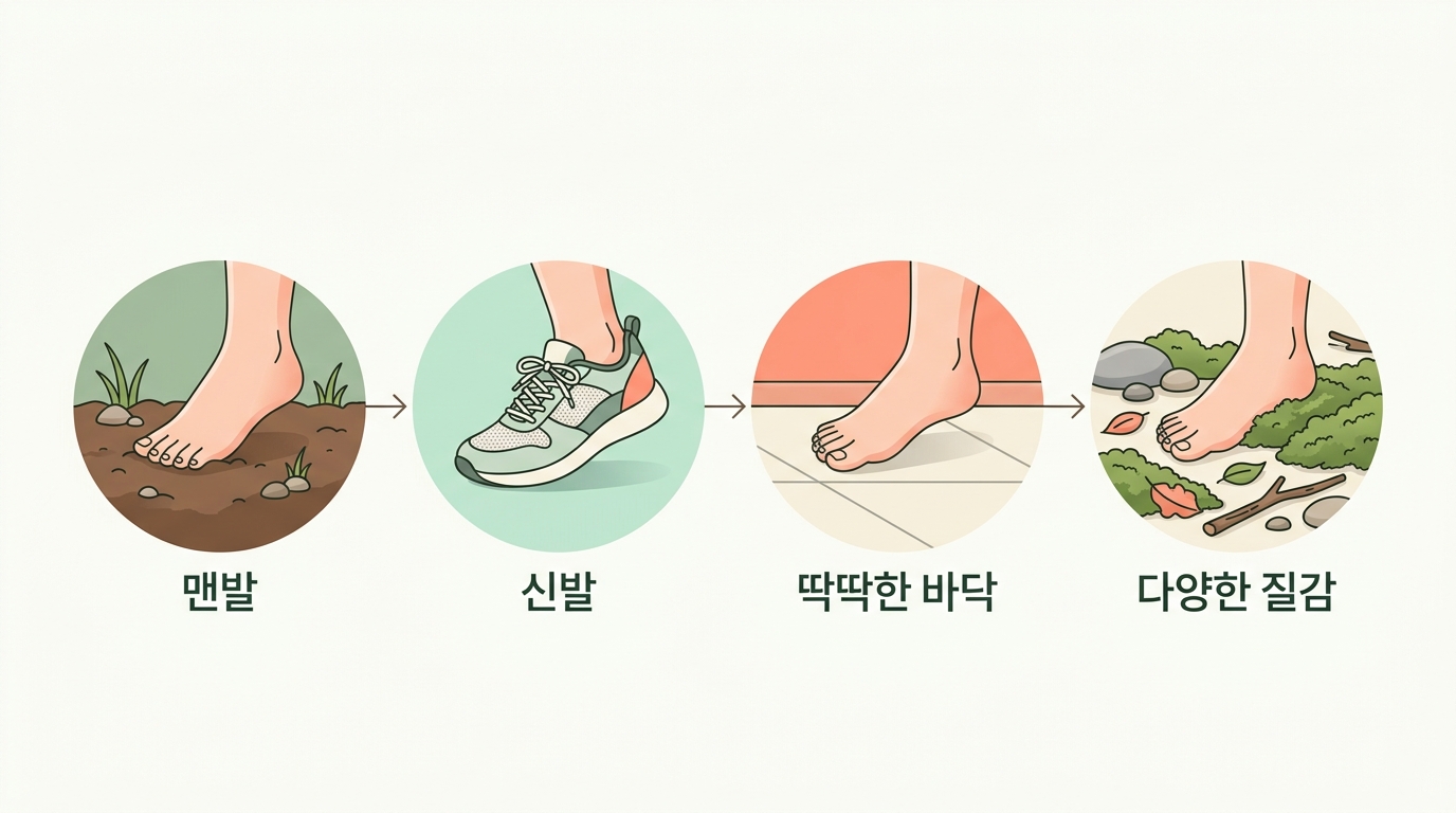 신발 이전부터 이어진 맨발 통념의 출발점과 감각 자극 변화를 시간 흐름으로 보여주는 인포그래픽