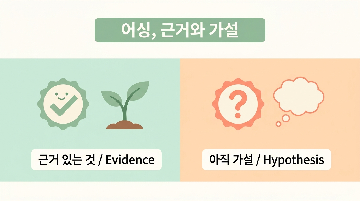 어싱의 근거 있는 부분과 아직 가설인 부분을 두 구역으로 나눠 비교한 인포그래픽