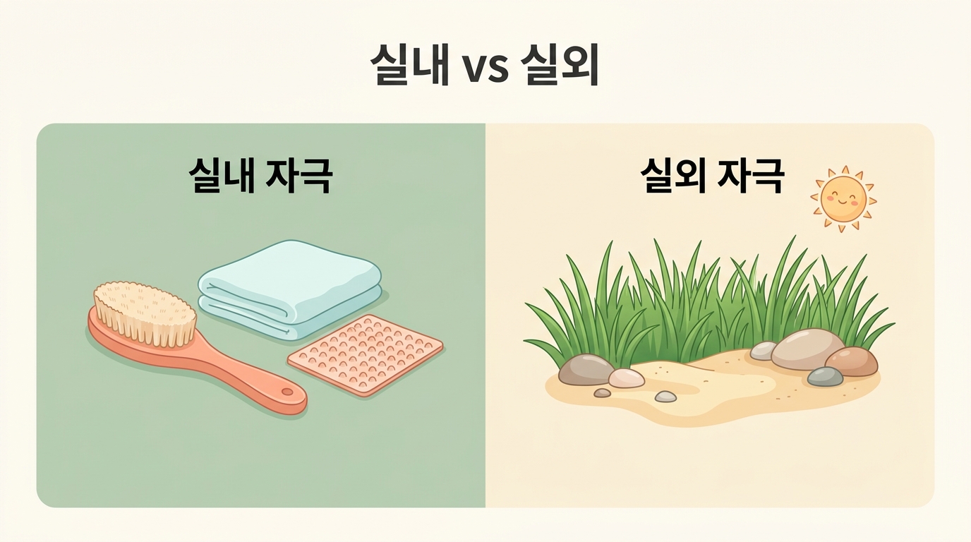 실내 감각 자극과 실외 맨발 자극의 특징 차이를 두 구역으로 비교한 인포그래픽