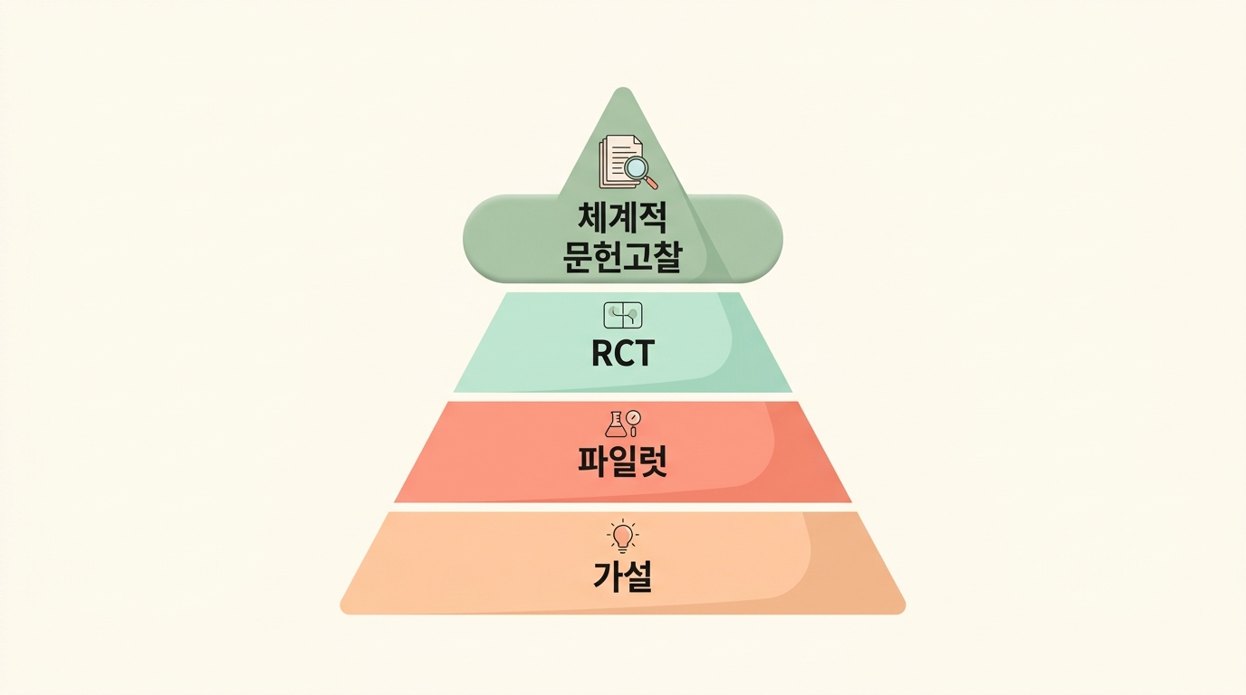 체계적 문헌고찰부터 가설까지 근거 수준을 피라미드로 정리한 자극 방법 다이어그램