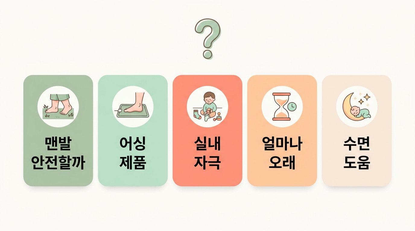 맨발 걷기와 어싱에 대해 자주 묻는 질문 다섯 가지를 카드 형태로 정리한 인포그래픽