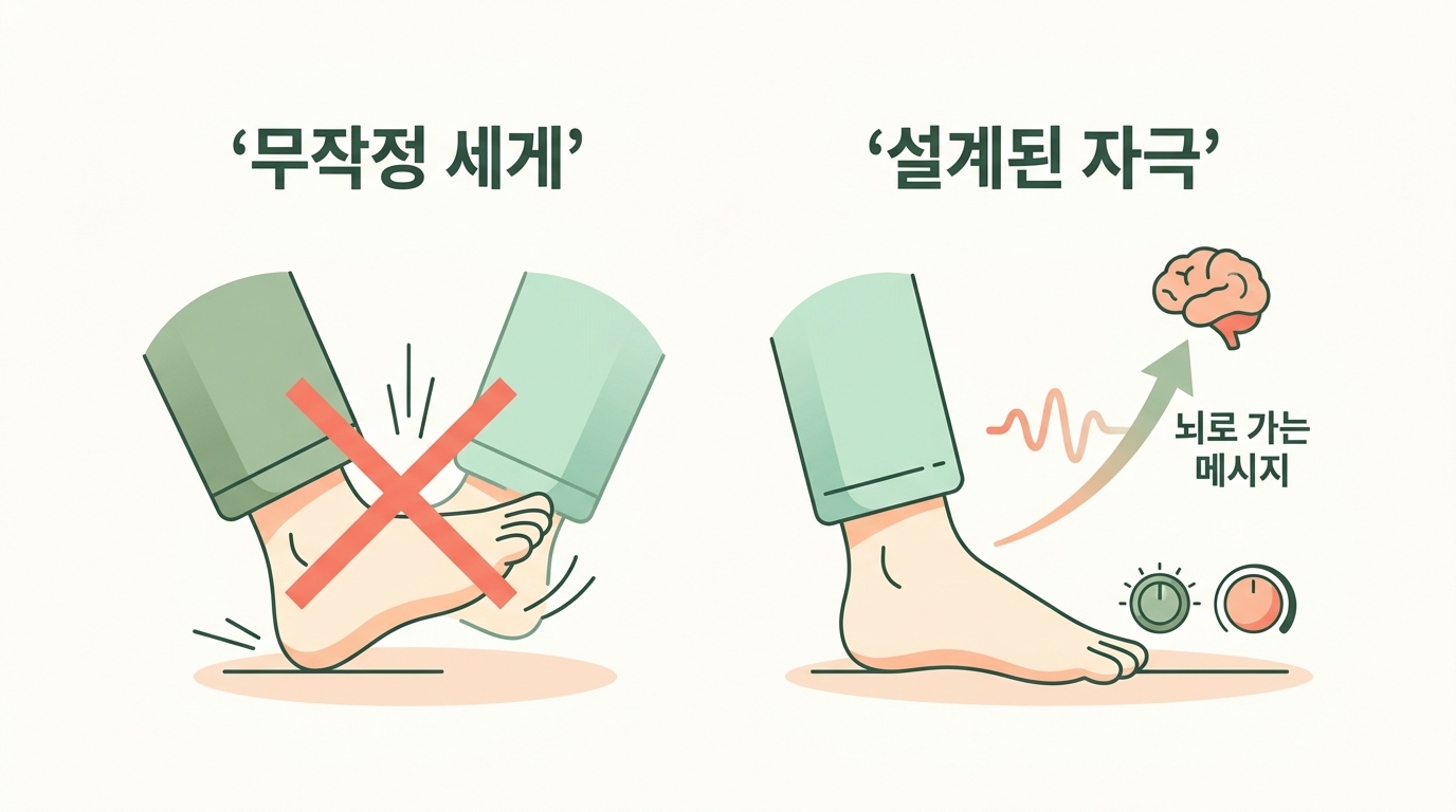 무작정 세게 밟기와 설계된 발바닥 자극의 차이를 보여주는 개념 다이어그램