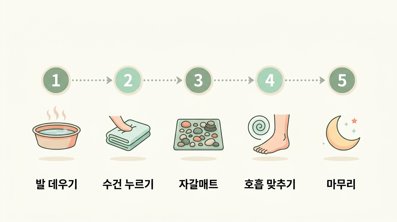 집에서 하는 발바닥 자극 다섯 단계를 번호 순서로 보여주는 플로우 다이어그램