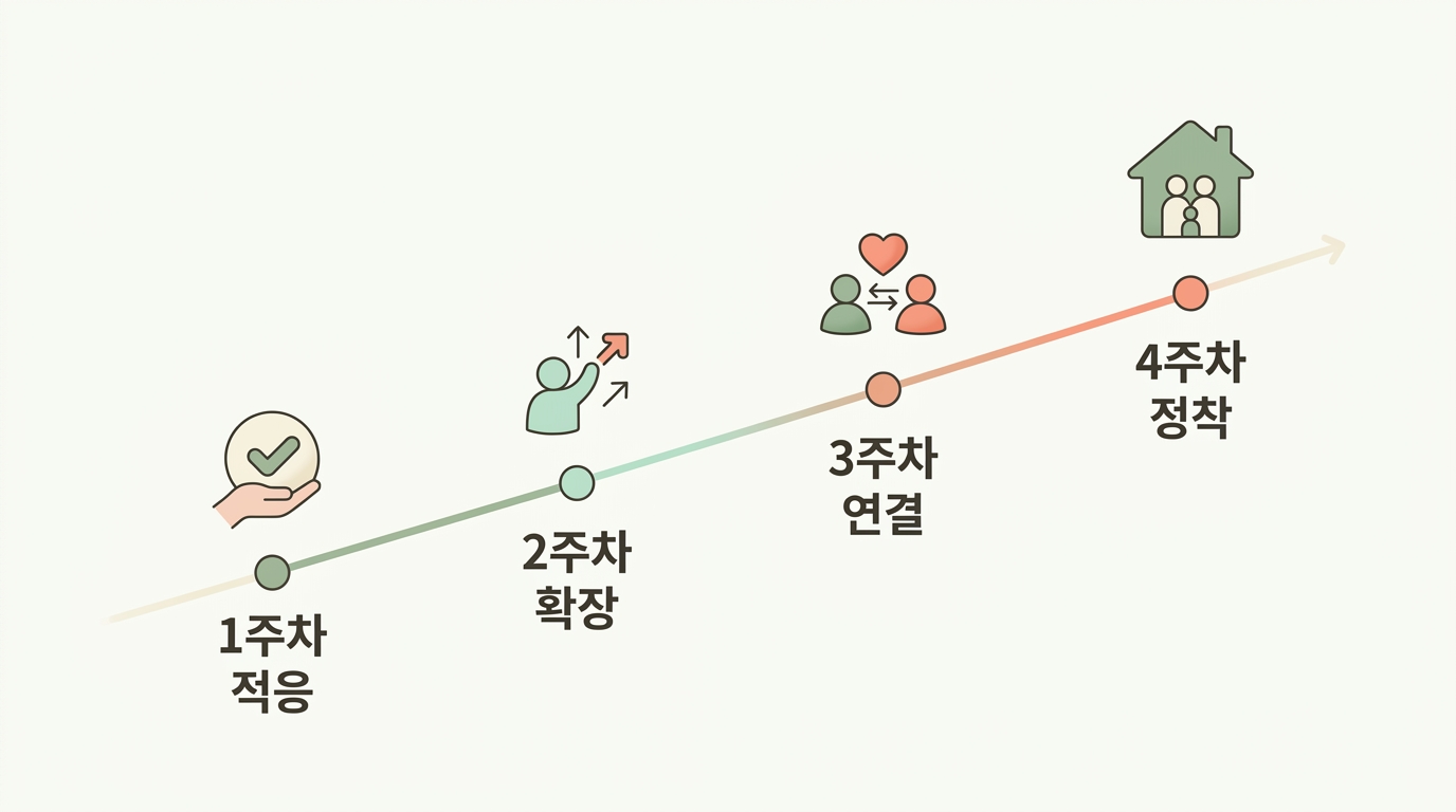 발바닥 자극 저녁 루틴을 1주차부터 4주차까지 단계별로 보여주는 타임라인