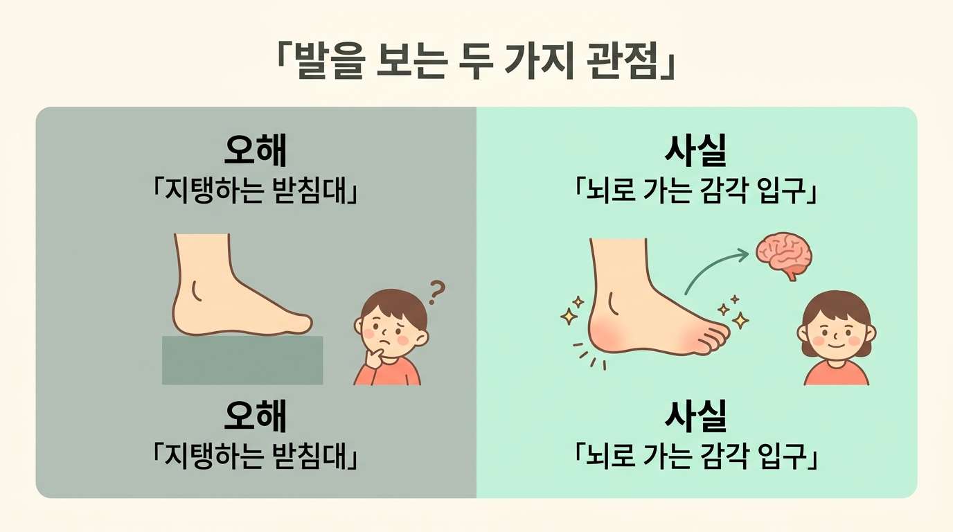 발은 지탱 기관이라는 오해와 뇌로 가는 감각 입구라는 사실을 좌우로 비교한 인포그래픽