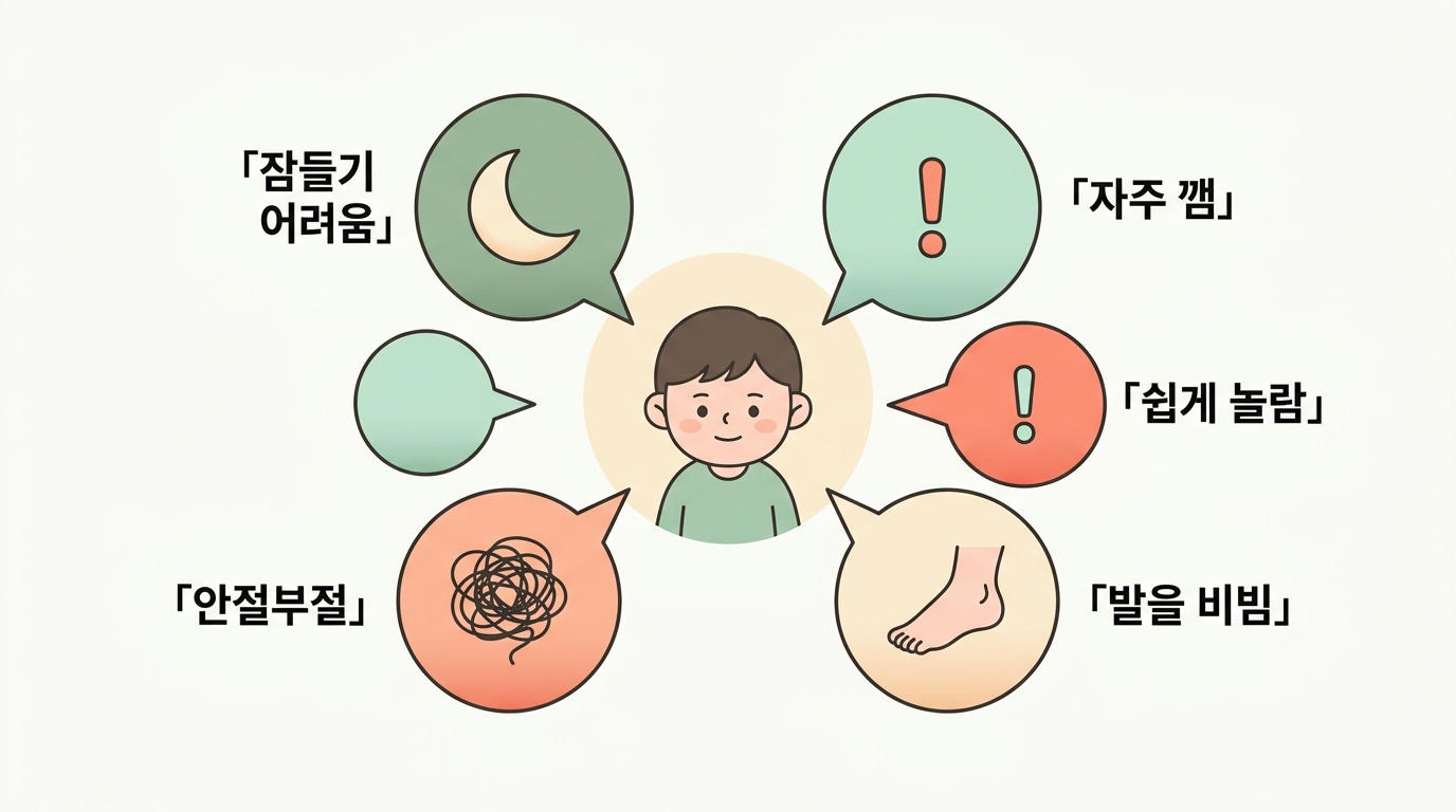 예민함과 수면 문제로 드러나는 아이의 관찰 신호들을 정리한 교육용 인포그래픽