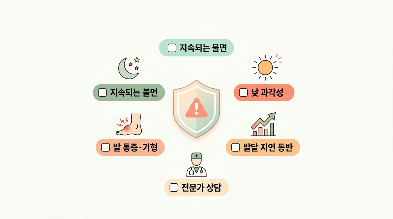 발바닥 자극만으로 두면 안 되는 주의 신호와 전문가 상담 시점을 정리한 체크 인포그래픽