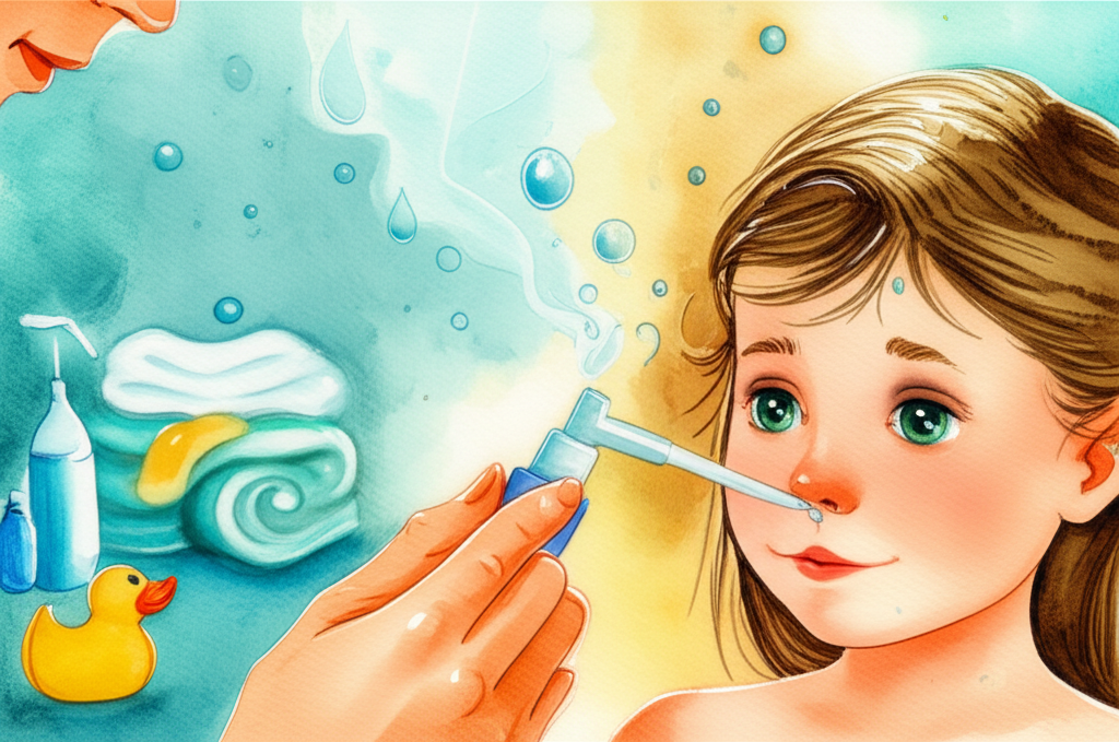 아이의 비강 세척을 도와주는 부모 일러스트