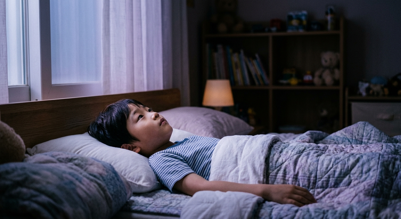 잠들지 못하고 생각에 잠긴 한국인 아이