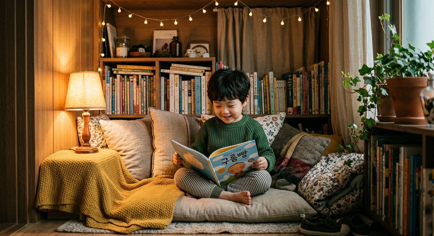 조용히 책 읽으며 혼자 회복하는 한국인 아이