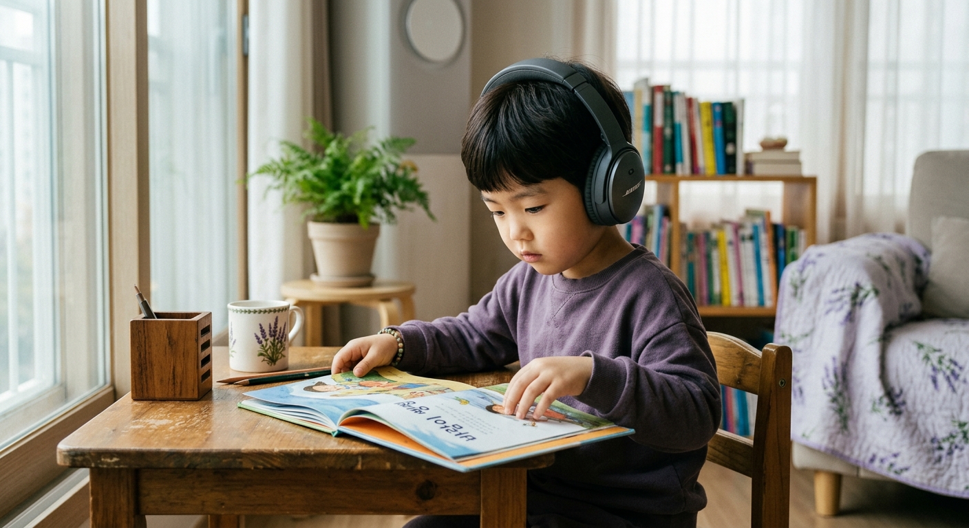 헤드폰으로 소음을 차단한 한국인 아이