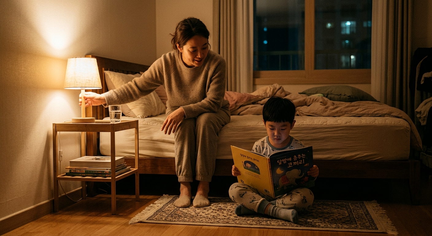 은은한 간접 조명 아래 책 읽는 한국인 아이