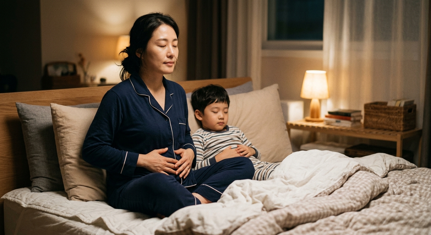 잠자리 호흡 연습하는 한국인 엄마와 아이