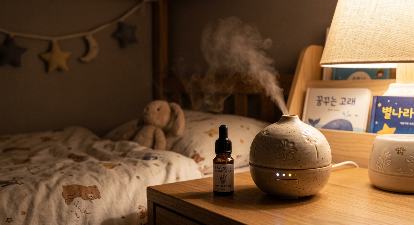 라벤더 디퓨저가 놓인 아이 방