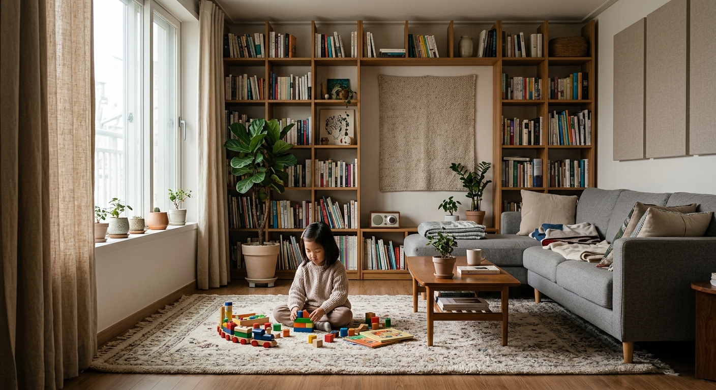 카펫과 커튼으로 소리 흡수하는 한국인 거실