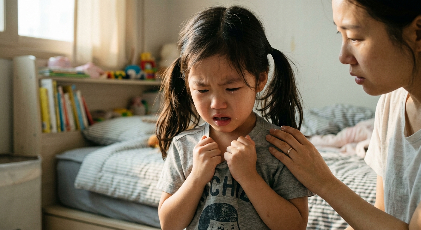 옷 질감에 민감한 한국인 아이의 불편한 표정