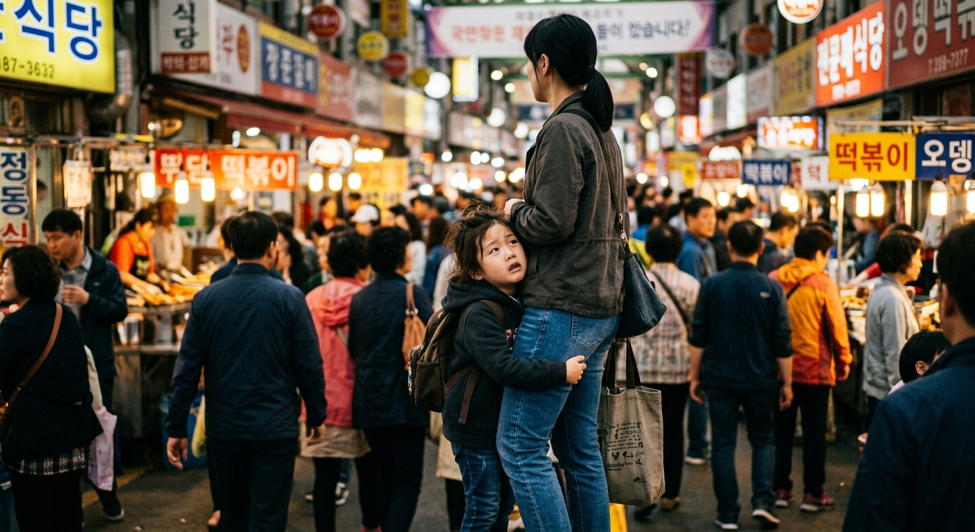 번화한 장소에서 압도된 한국인 아이
