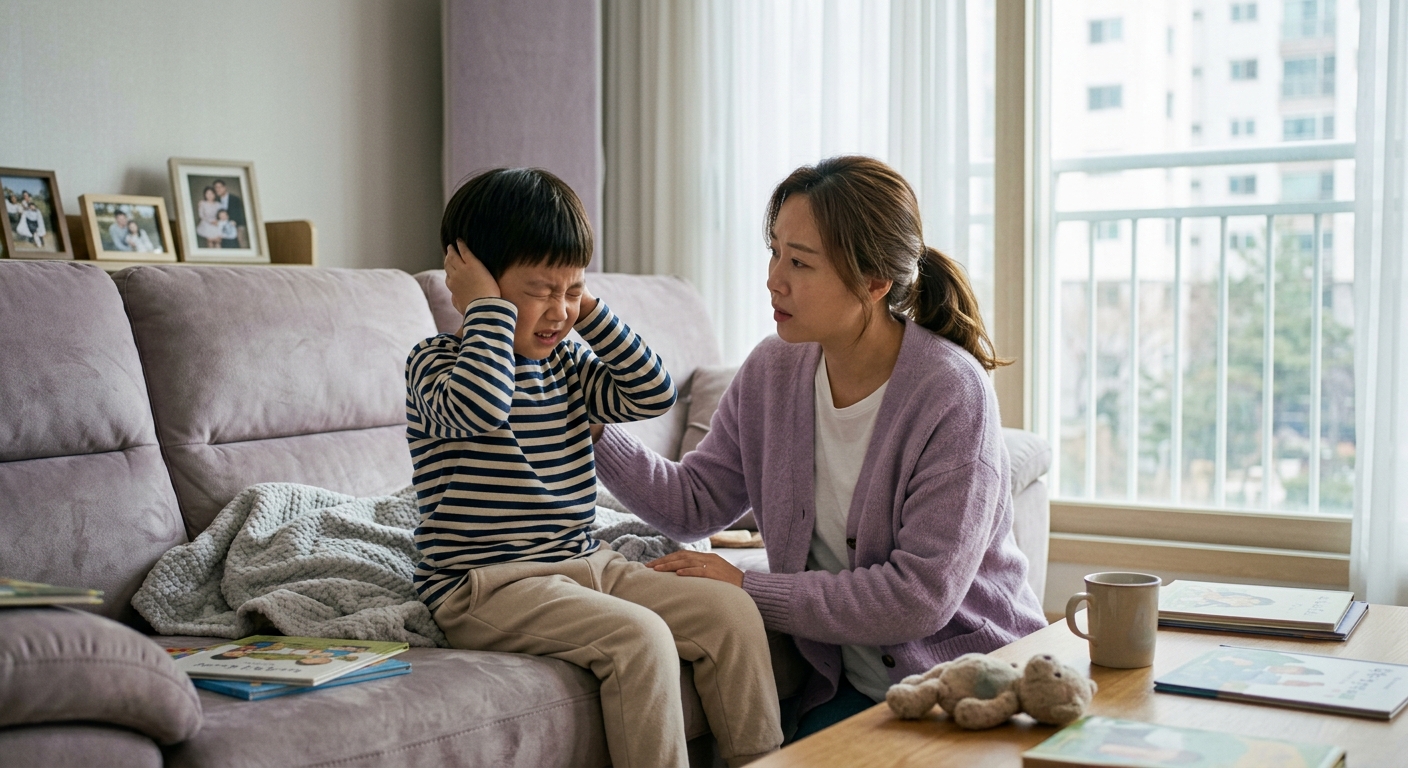 감각 과부하로 귀를 막는 한국인 아이