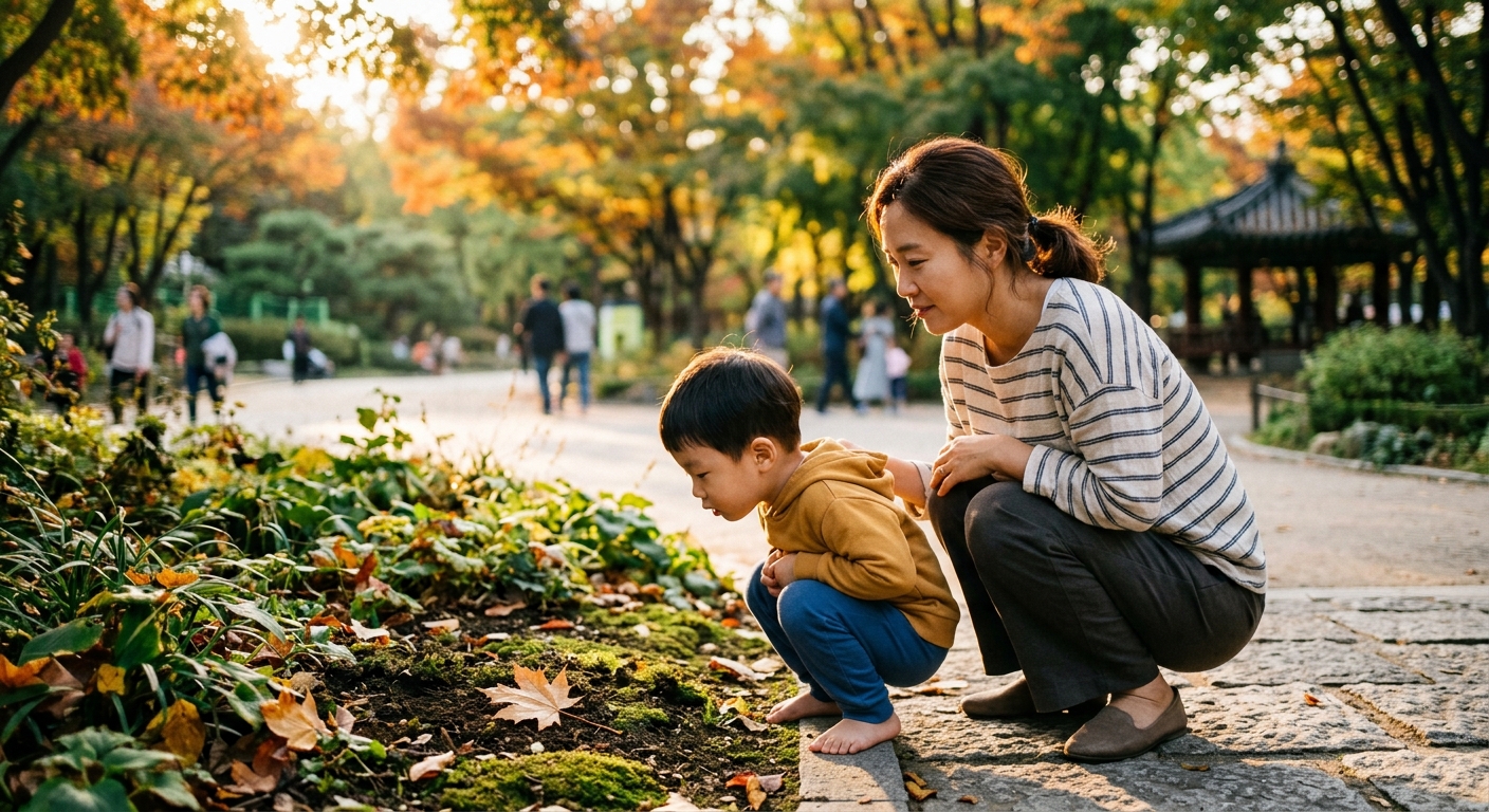 곤충을 유심히 관찰하는 한국인 아이와 엄마