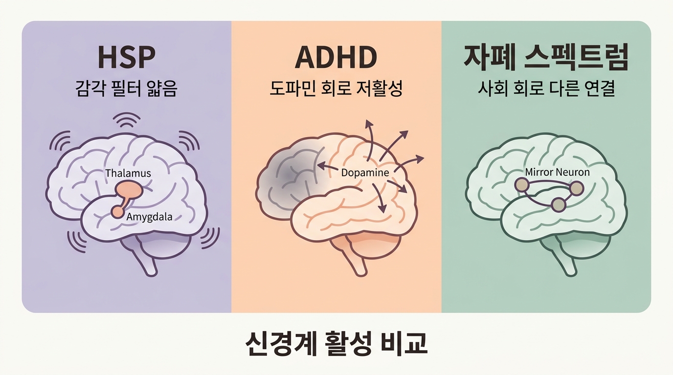 HSP ADHD 자폐 신경계 활성 비교 다이어그램