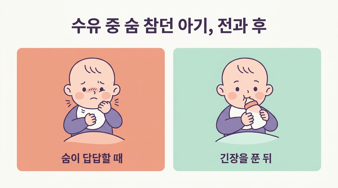 수유 중 자주 멈추고 사래 걸리던 아기가 코와 목 긴장을 푼 뒤 편안하게 수유하는 전후 변화를 좌우로 비교한 인포그래픽
