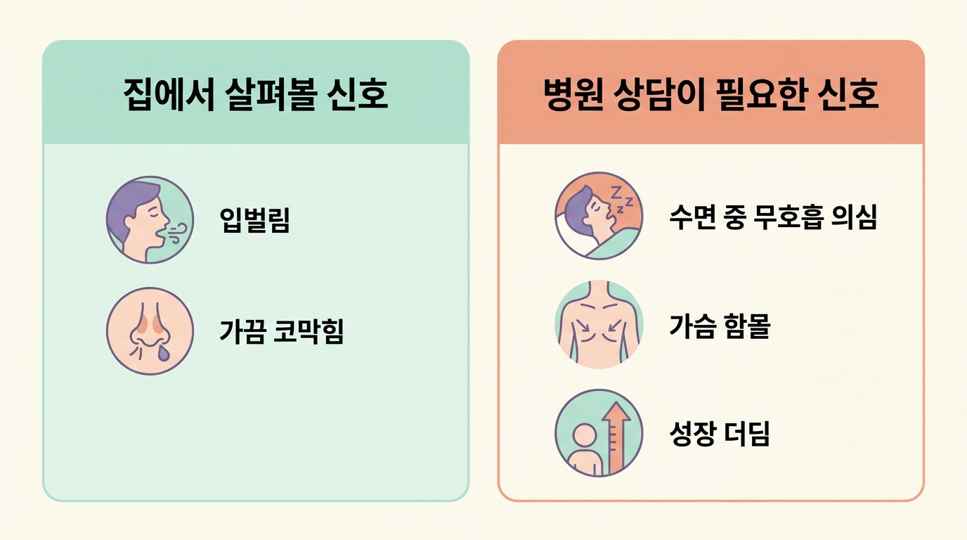 집에서 관찰하며 도와줄 신호와 병원 상담이 필요한 위험 신호를 좌우로 구분해 정리한 비교 인포그래픽