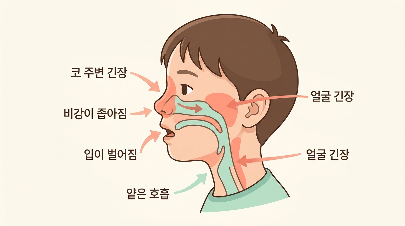 코 주변 얼굴 목의 긴장이 비강을 좁혀 입호흡으로 이어지는 원리를 설명한 한글 라벨 인포그래픽