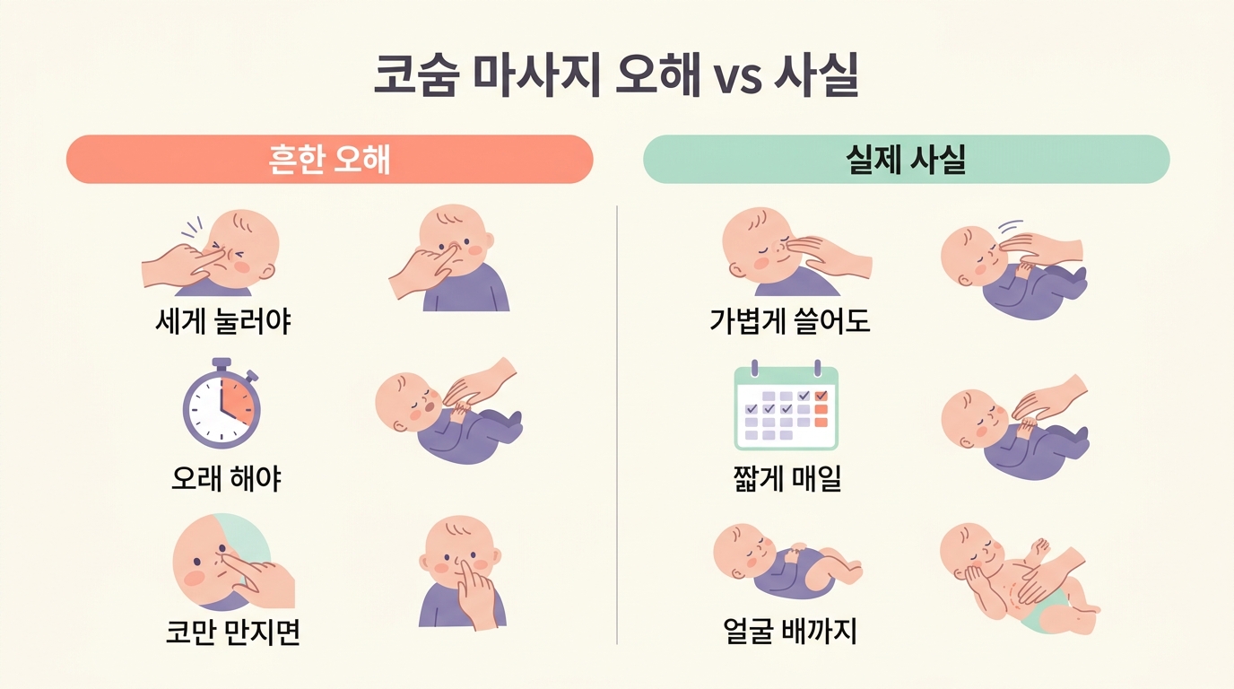 세게 오래 코만이라는 마사지 오해와 가볍게 매일 온몸이라는 사실을 좌우로 대비한 비교 일러스트