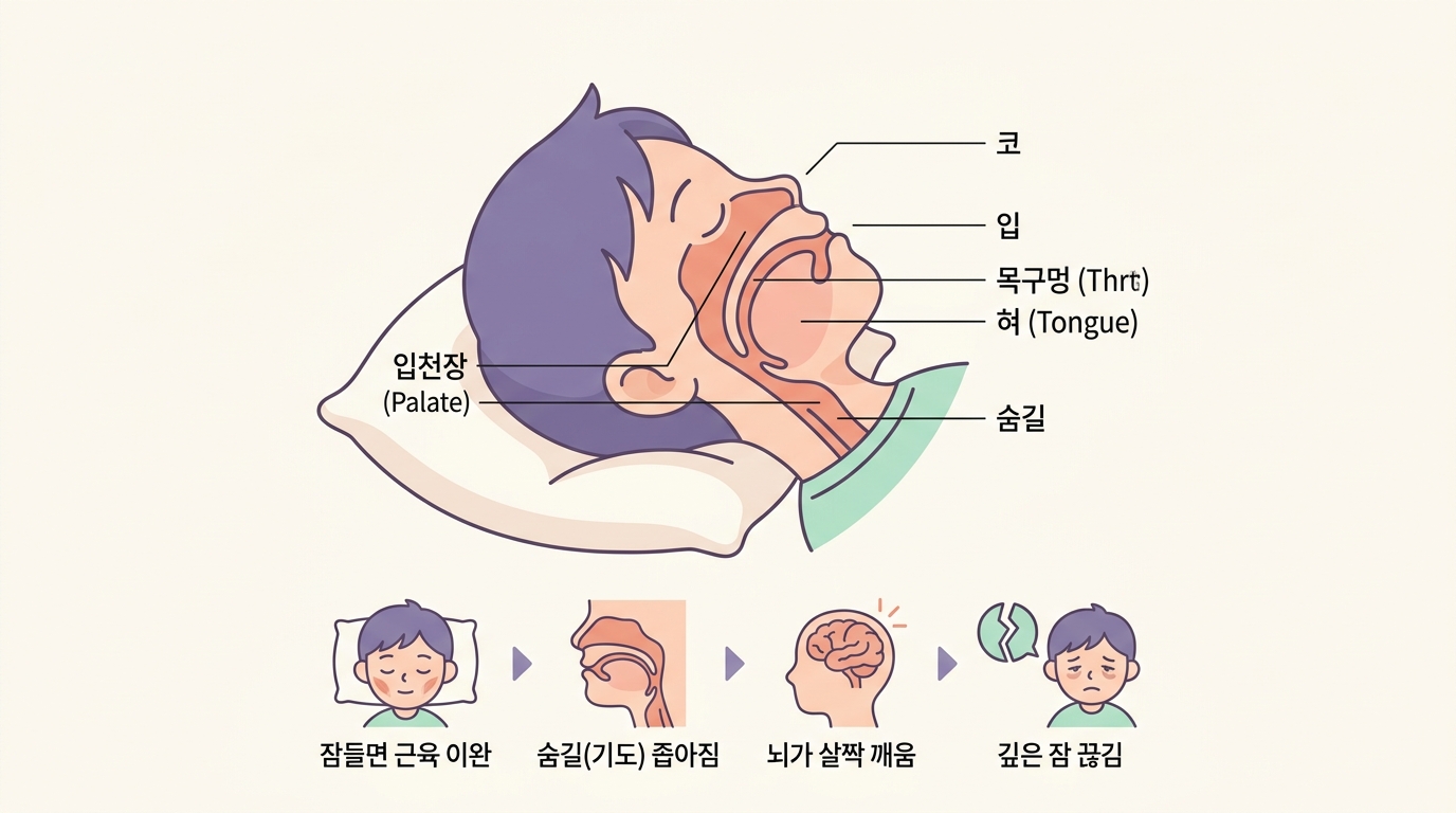 잠자는 동안 근육 이완으로 기도가 좁아지고 미세 각성으로 깊은 잠이 끊기는 과정을 보여주는 다이어그램