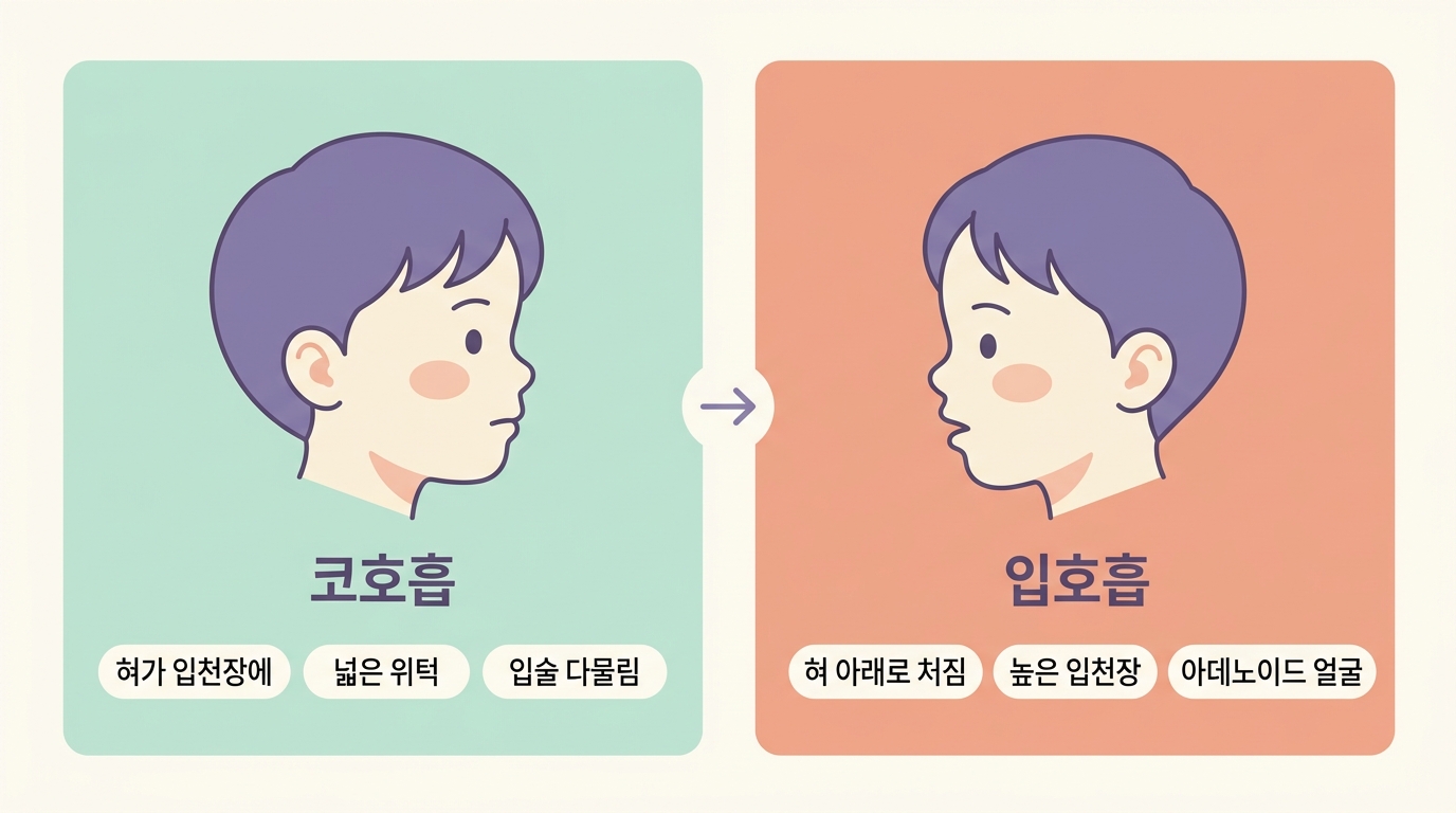 코호흡 아이와 입호흡 아이의 혀 위치와 얼굴 성장 방향 차이를 좌우로 비교한 한글 라벨 인포그래픽