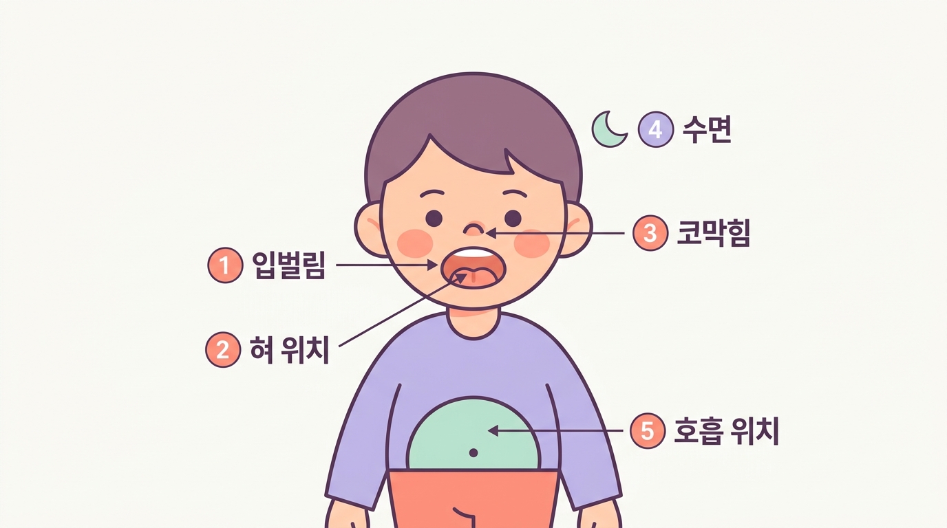 입벌림 혀 위치 코막힘 수면 호흡 위치 다섯 가지 코숨 신호를 아이 신체 그림에 번호로 표시한 인포그래픽
