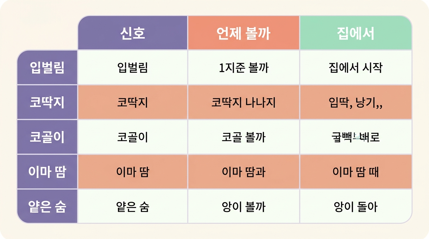 코숨 신호별 관찰 시점과 가정 관리 방법을 표로 정리한 체크리스트 인포그래픽