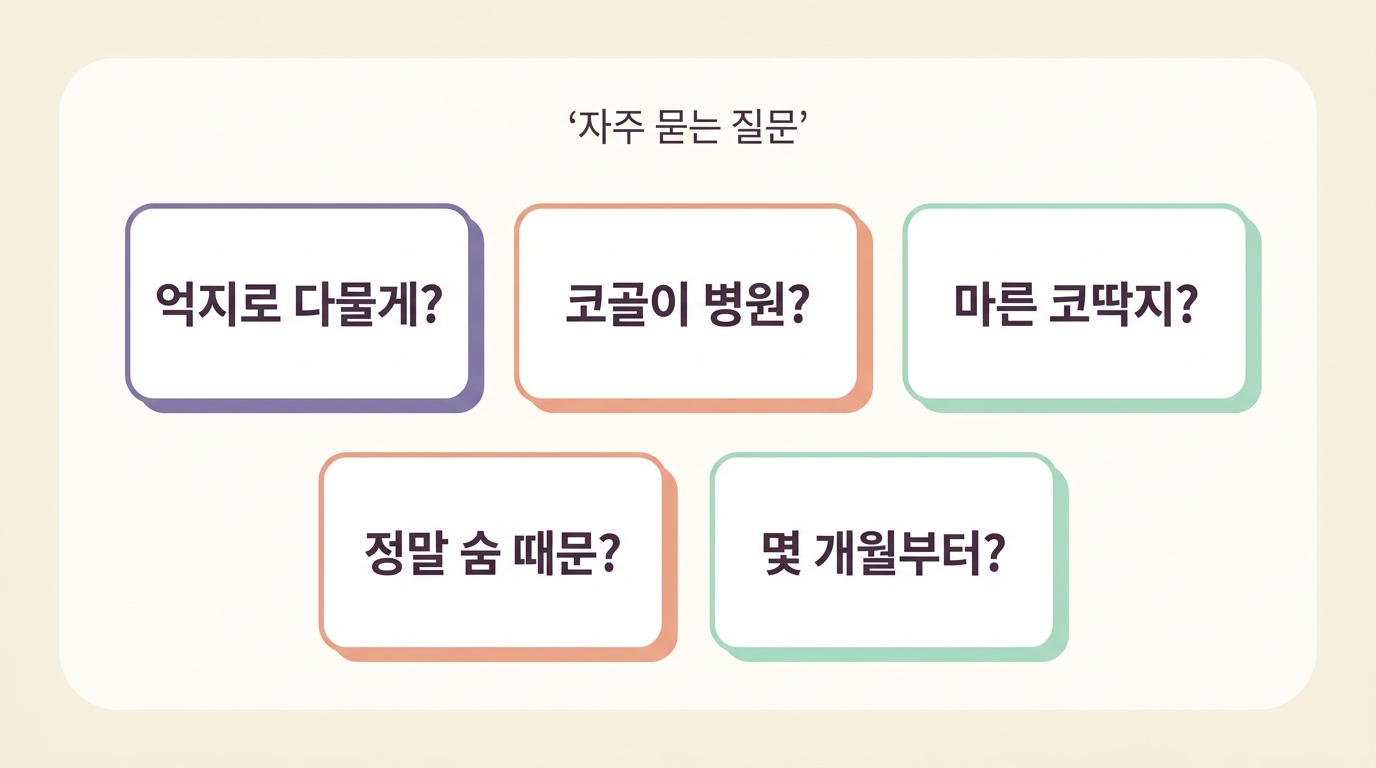 입 막기 코골이 코딱지 밤중 각성 등 코숨 자주 묻는 질문 다섯 가지를 카드로 정리한 인포그래픽