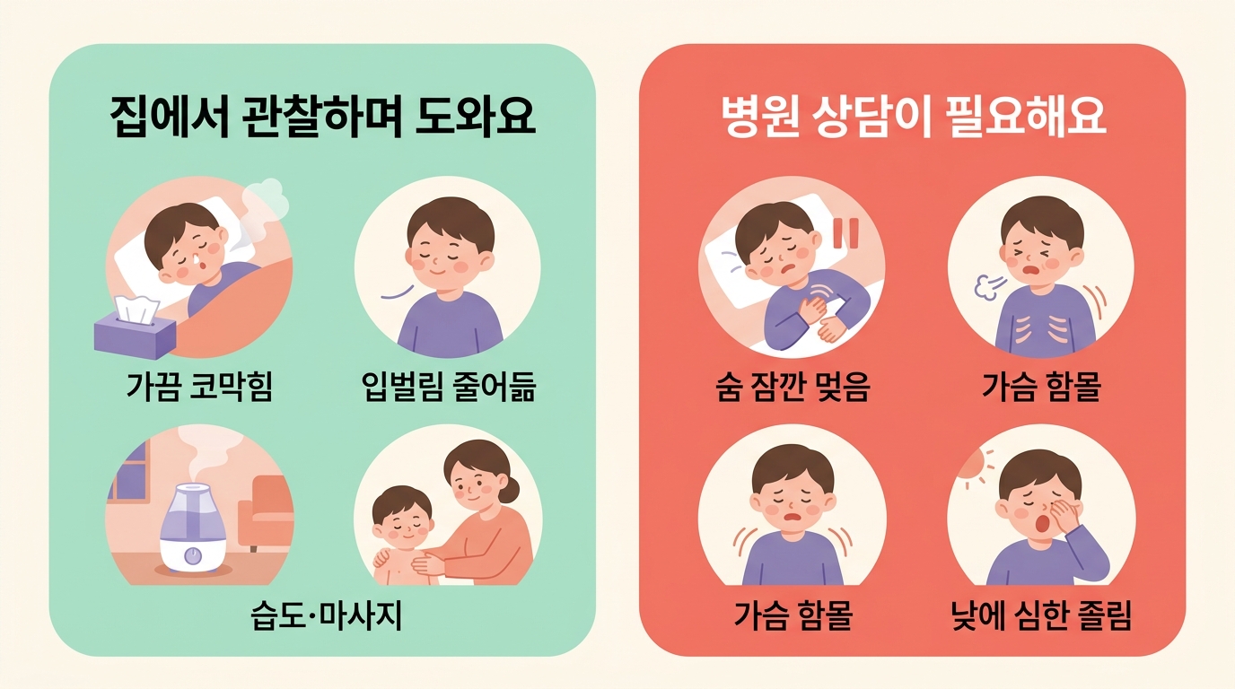 집에서 관찰하며 도울 신호와 병원 상담이 필요한 위험 신호를 초록·빨강 영역으로 구분한 비교 인포그래픽