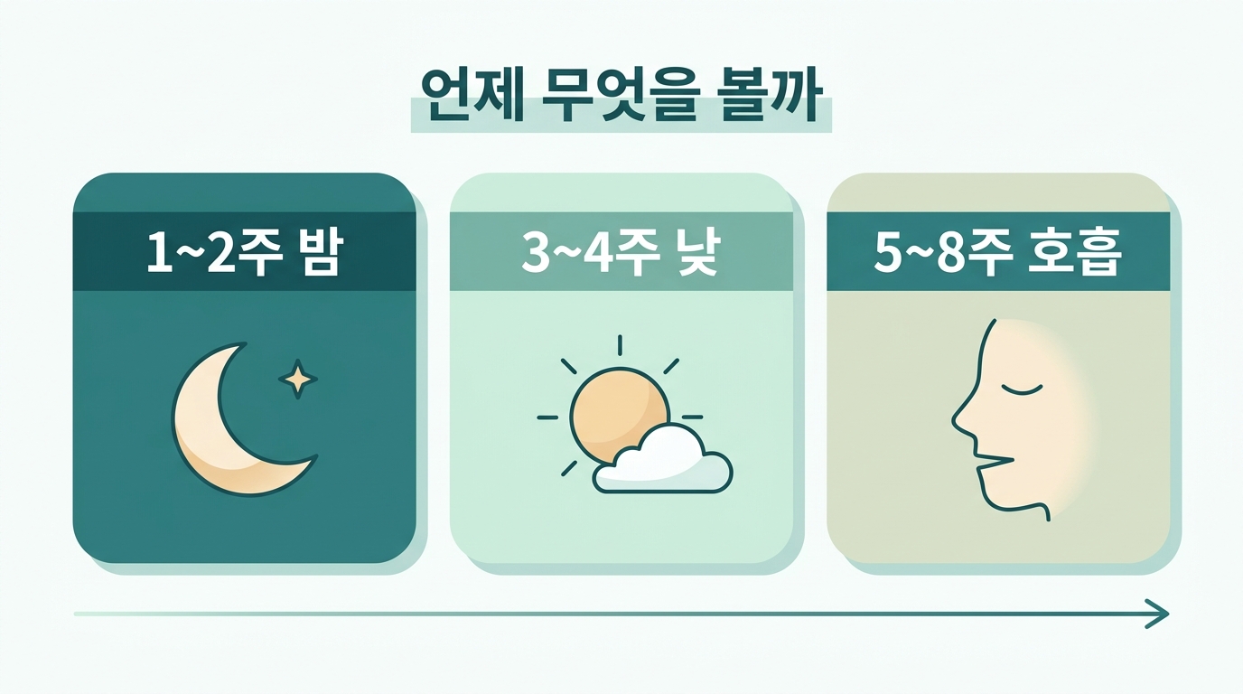 변화가 나타나는 순서 세 구간 비교 밤이 먼저 그다음 낮 컨디션 마지막 호흡 자세