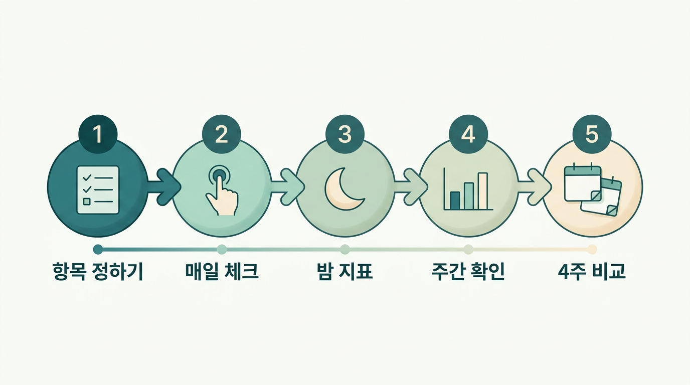 킁킁메이트 기록 다섯 단계 흐름도 항목 정하기 매일 체크 밤 지표 주간 리포트 4주 비교